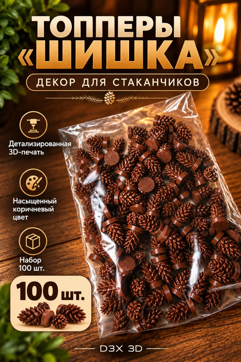 Топперы «Шишка» на крышку стаканчика — 100 шт.